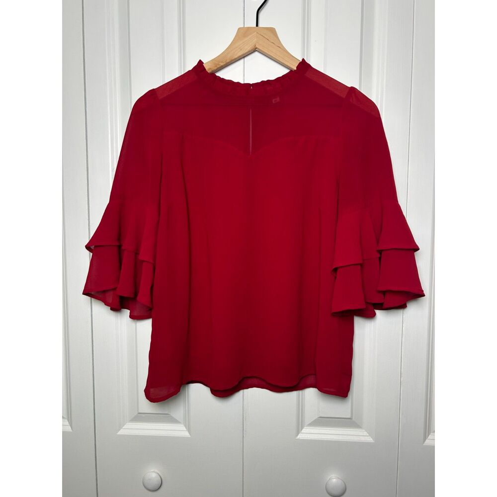 Monteau Los Angeles Red Chiffon Ruffle Sleeve Blouse Size M